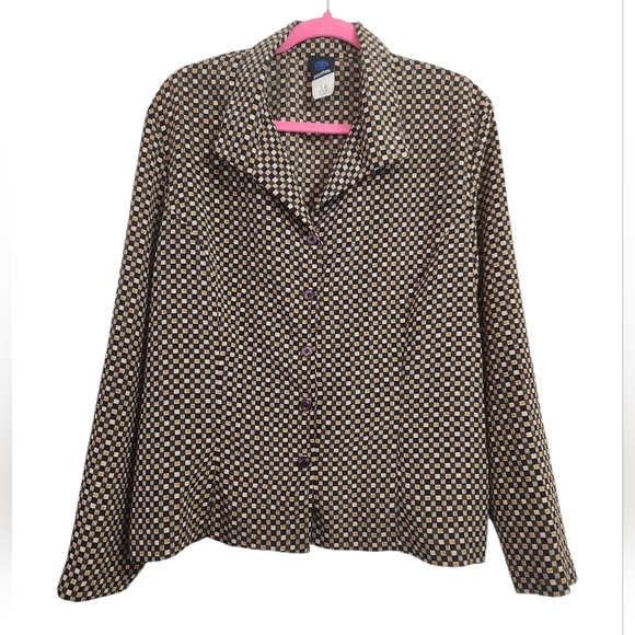 Panther Tops - Vintage Panther Geometric Black Beige Patterned Button-Up Shirt Size 14 P2P 24"